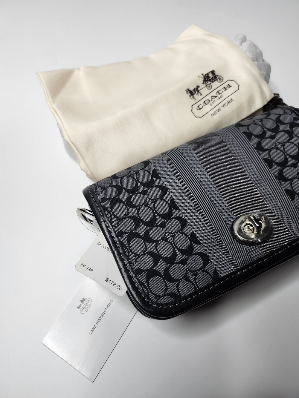 Coach Gray and Black Signature Stripe Turnlock Crossbody - Picture 2 of 6
